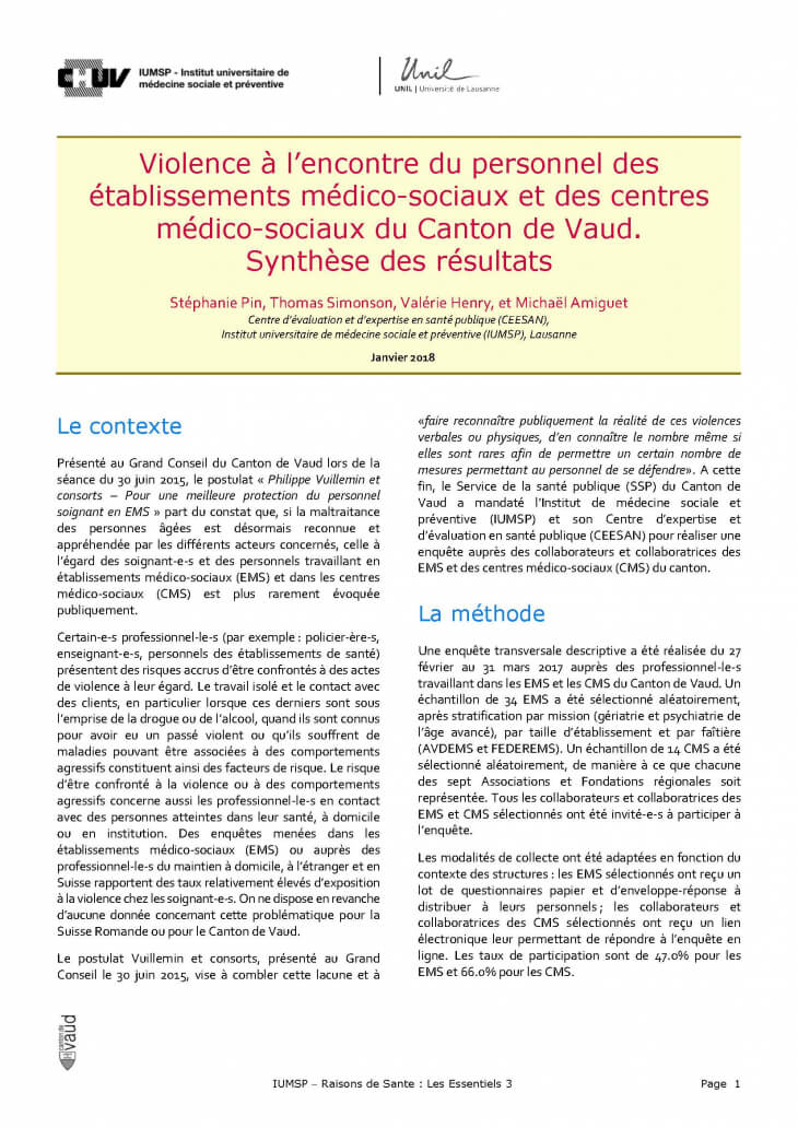 Violence à l’encontre du personnel des établissements médico-sociaux et des centres médico-sociaux du Canton de Vaud. Synthèse des résultats