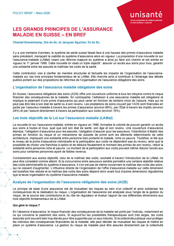 couverture du résumé en bref du policy brief Les grands principes de l'assurance maladie en Suisse
