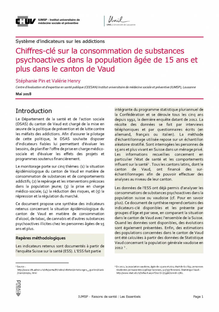 Système d’indicateurs sur les addictions : Chiffres-clé sur la consommation de substances psychoactives dans la population âgée de 15 ans et plus dans le canton de Vaud