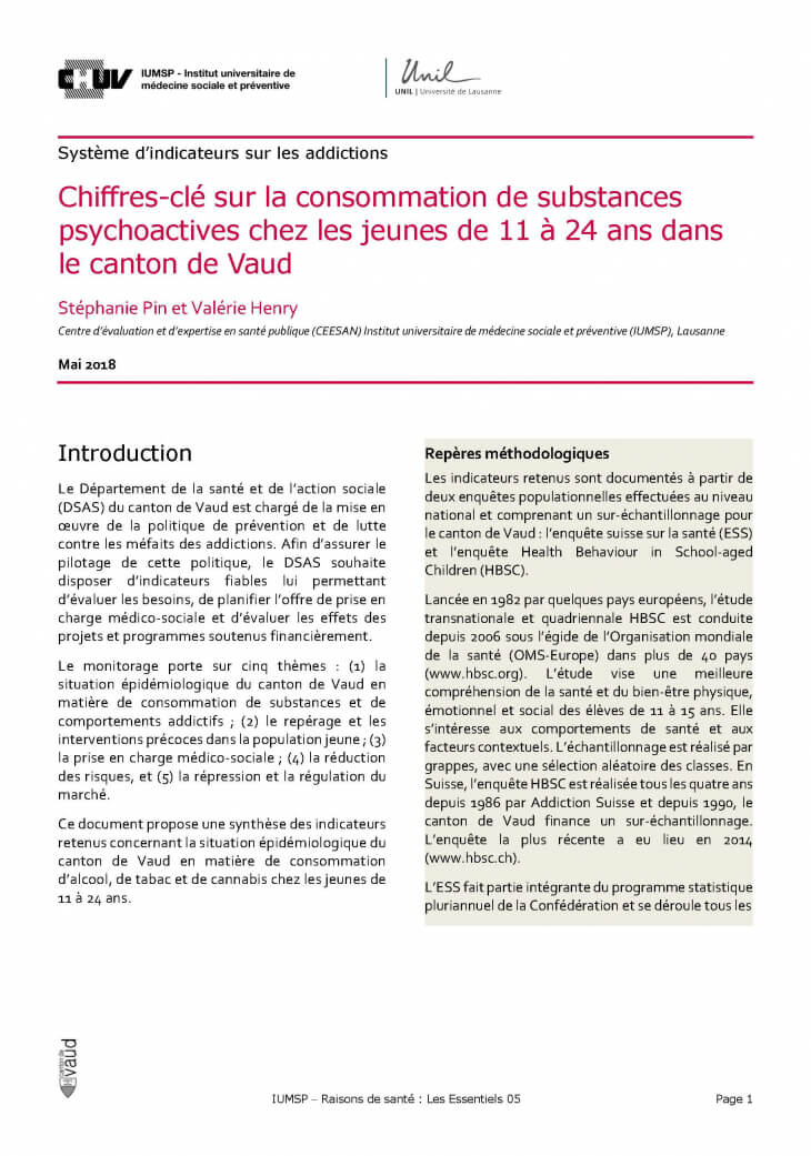 Système d’indicateurs sur les addictions : Chiffres-clé sur la consommation de substances psychoactives chez les jeunes de 11 à 24 ans dans le canton de Vaud