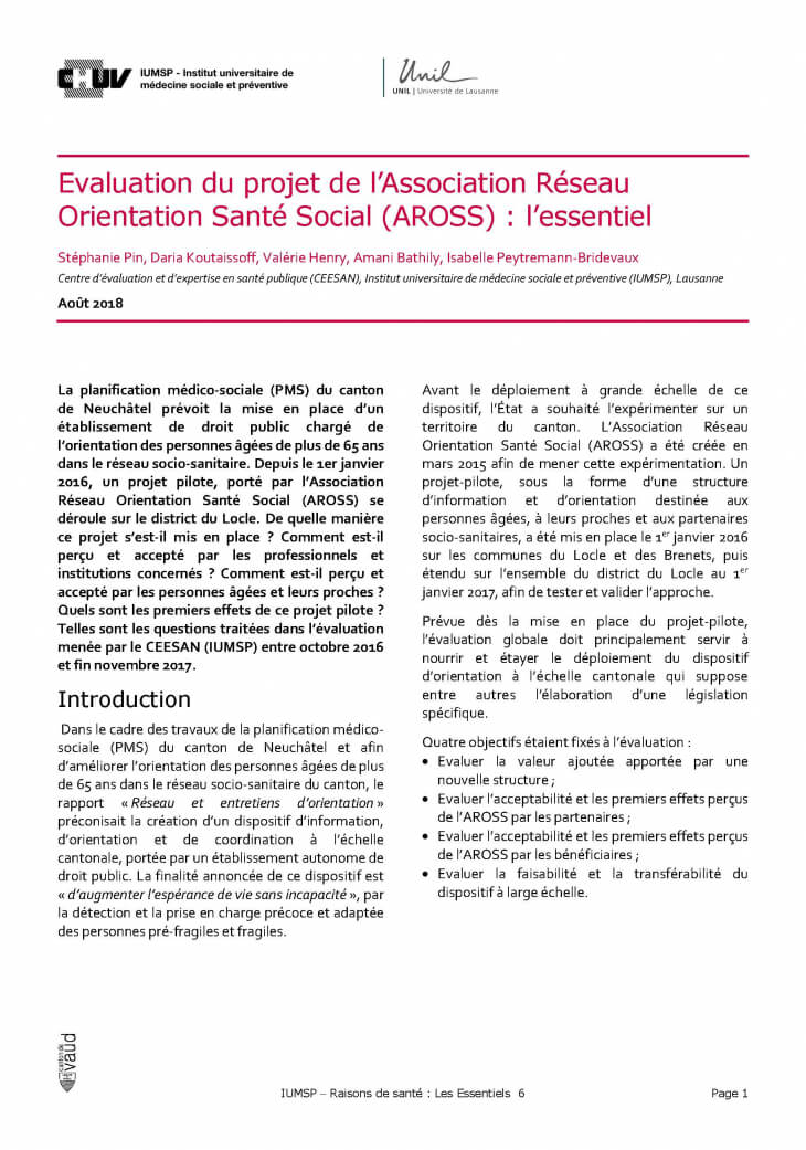 Evaluation du projet de l’Association Réseau Orientation Santé Social (AROSS) : l’essentiel