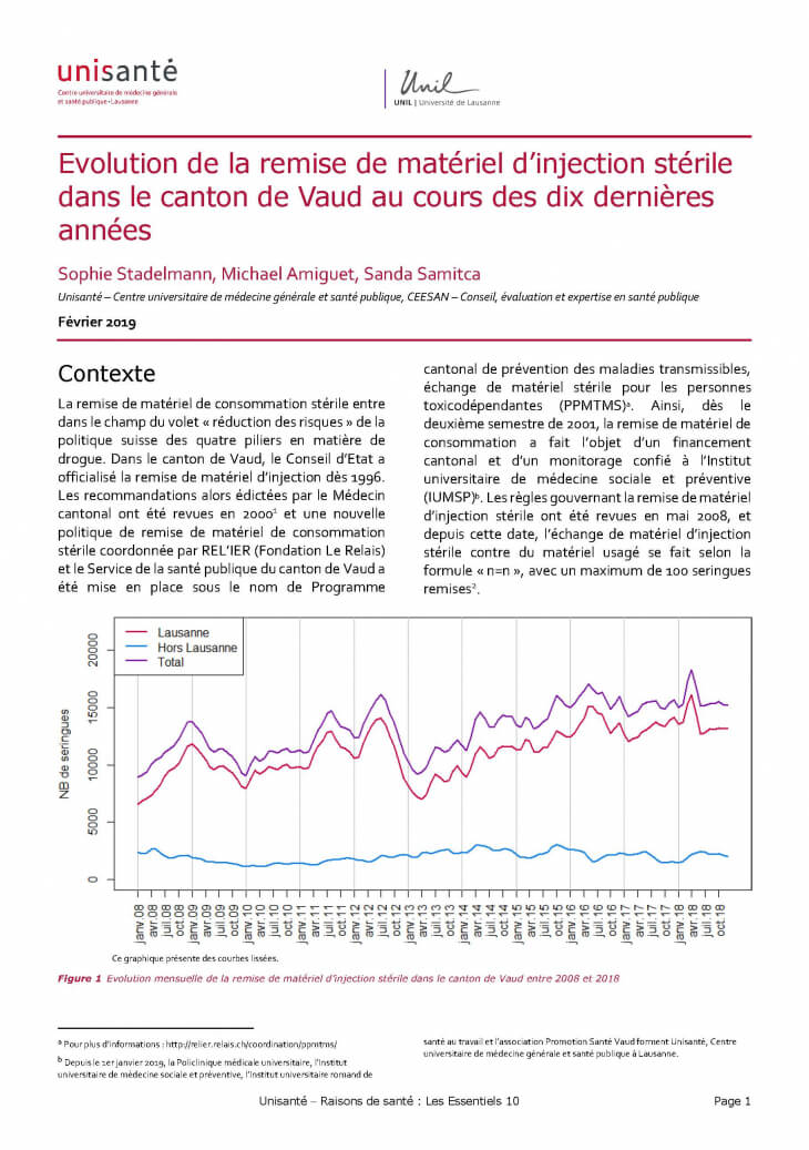 Evolution de la remise de matériel d’injection stérile dans le canton de Vaud au cours des dix dernières années
