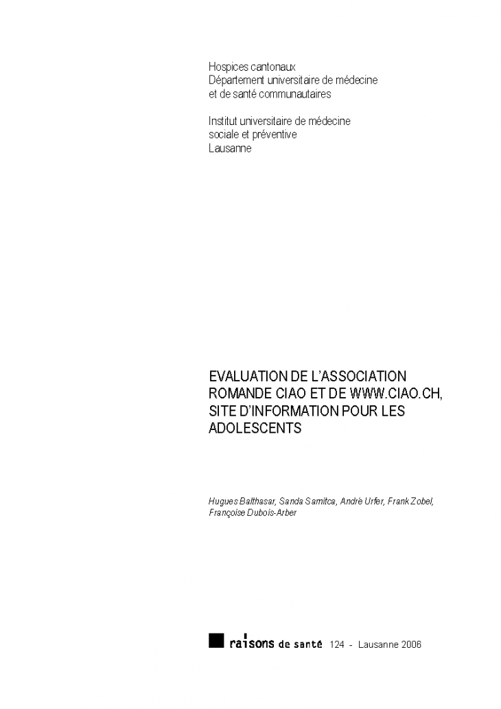Evaluation de l'Association romande CIAO et de www.ciao.ch, site d'information pour les adolescents
