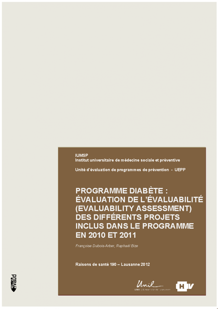 Programme diabète : évaluation de l'évaluabilité (evaluability assessment) des différents projets inclus dans le programme en 2010 et 2011