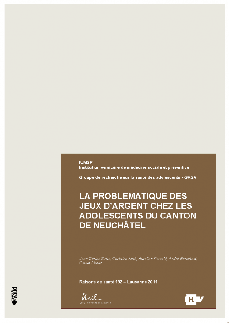 La problématique des jeux d'argent chez les adolescents du canton de Neuchâtel.