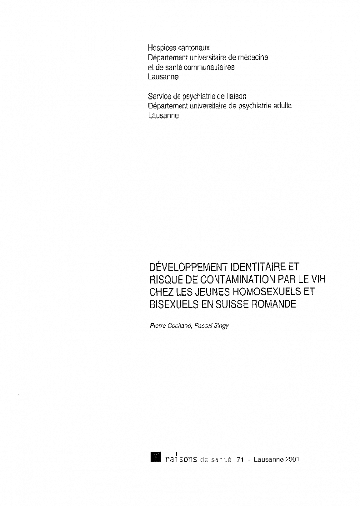 Développement identitaire et risques de contamination par le VIH chez les jeunes homosexuels et bisexuels en Suisse romande