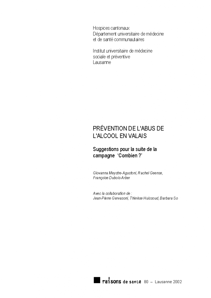 Prévention de l'abus de l'alcool en Valais : suggestions pour la suite de la campagne "Combien ?"