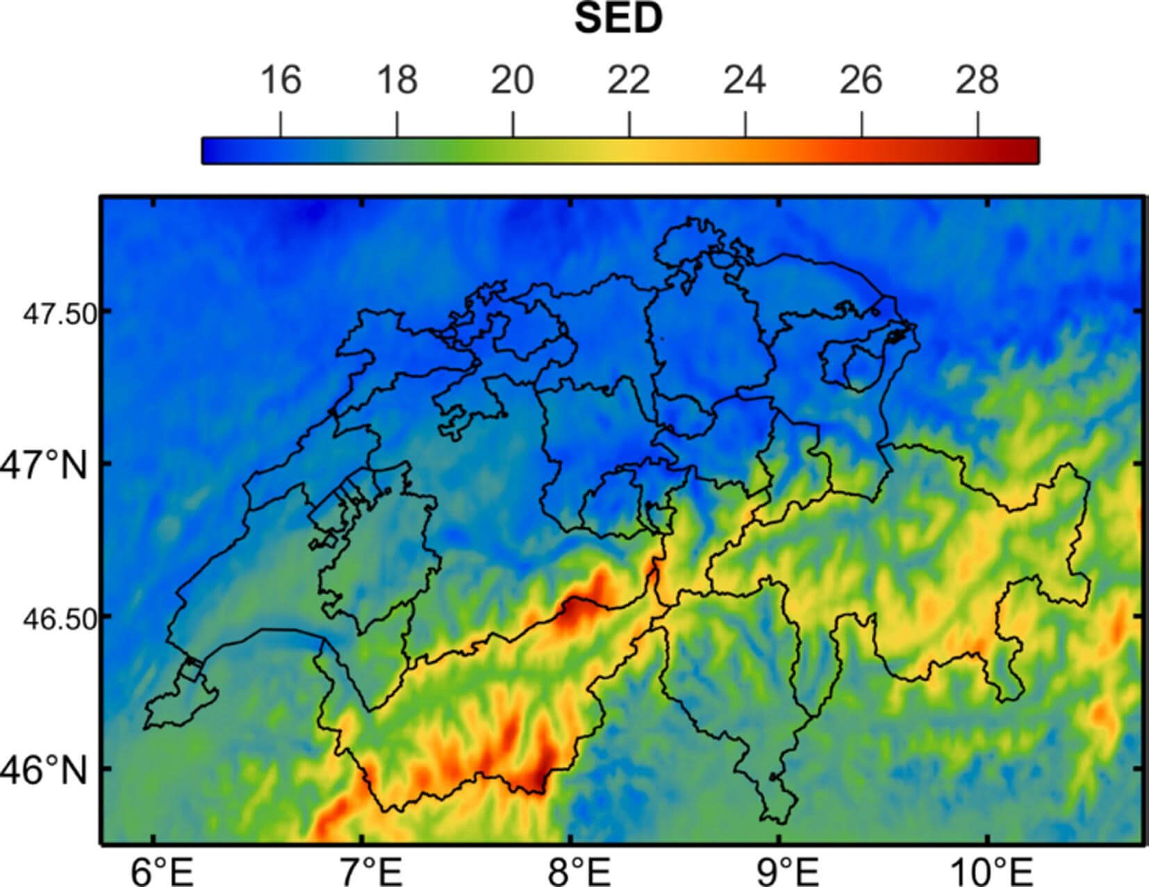 Cartographie de l’exposition journalière moyenne en UV Erythemal en Suisse exprimés en SED 