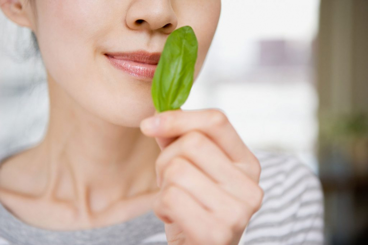 Unisanté image web femme en train de sentir une feuille de basilic