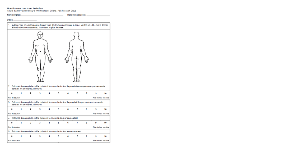 Questionnaire concis sur la douleur - Unisanté / Charles S. Cleland / Pain Research Group - 2026
