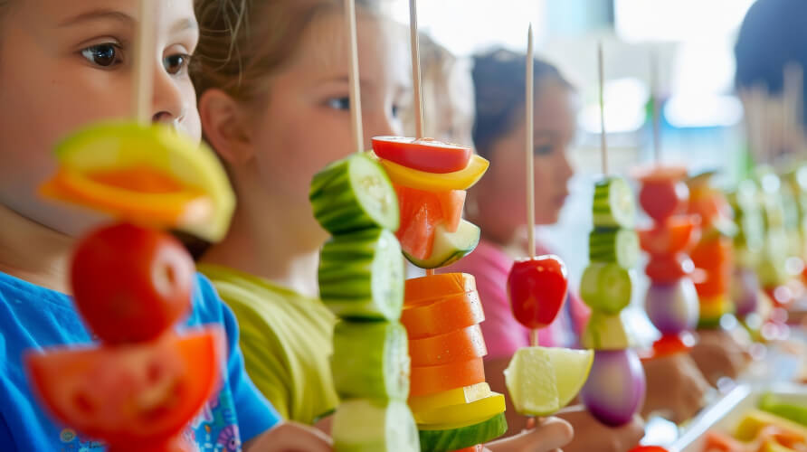 enfant devant des piques de fruits pour le goûter