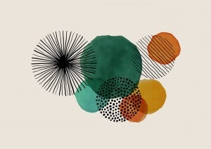 Illustration abstraite composée de cercles de différentes tailles et couleurs (vert, orange, jaune) superposés. Des motifs de lignes et de points noirs rayonnent autour des cercles sur un fond beige clair.