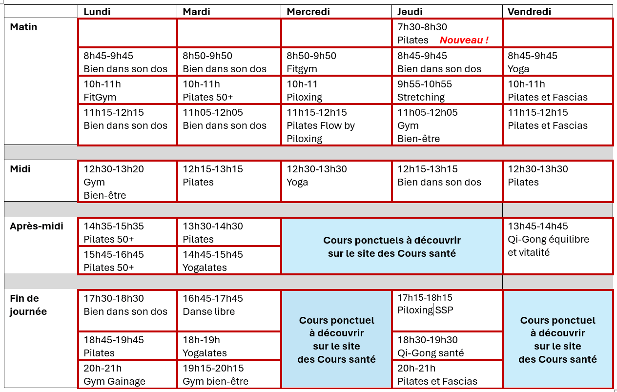 planning cours sante
