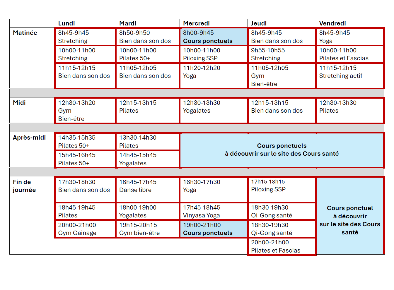 planning cours sante