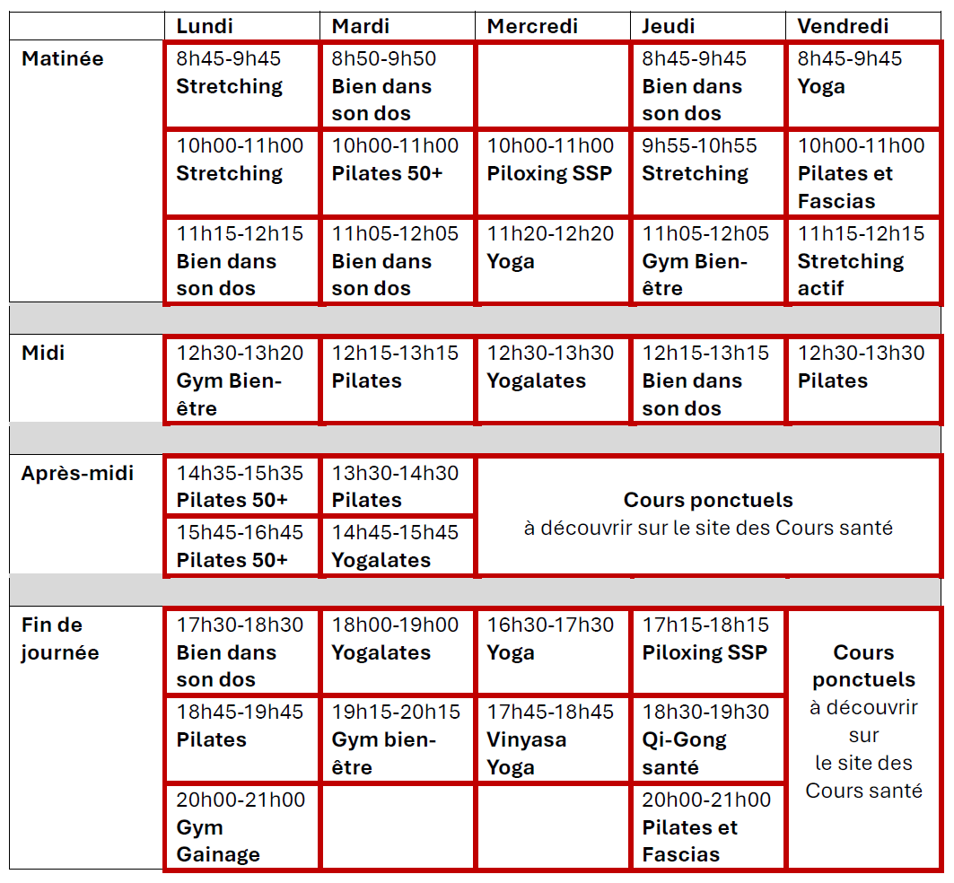 planning cours sante