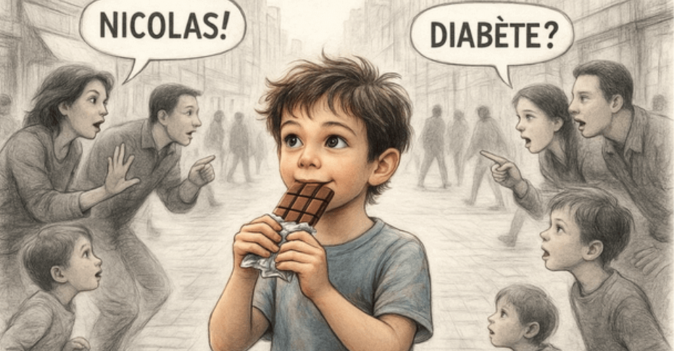 enfant qui mange du chocolat avec des adultes autour