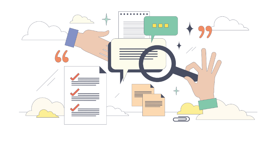 Illustration de l'analyse de donnée, bulles, loupe, mains