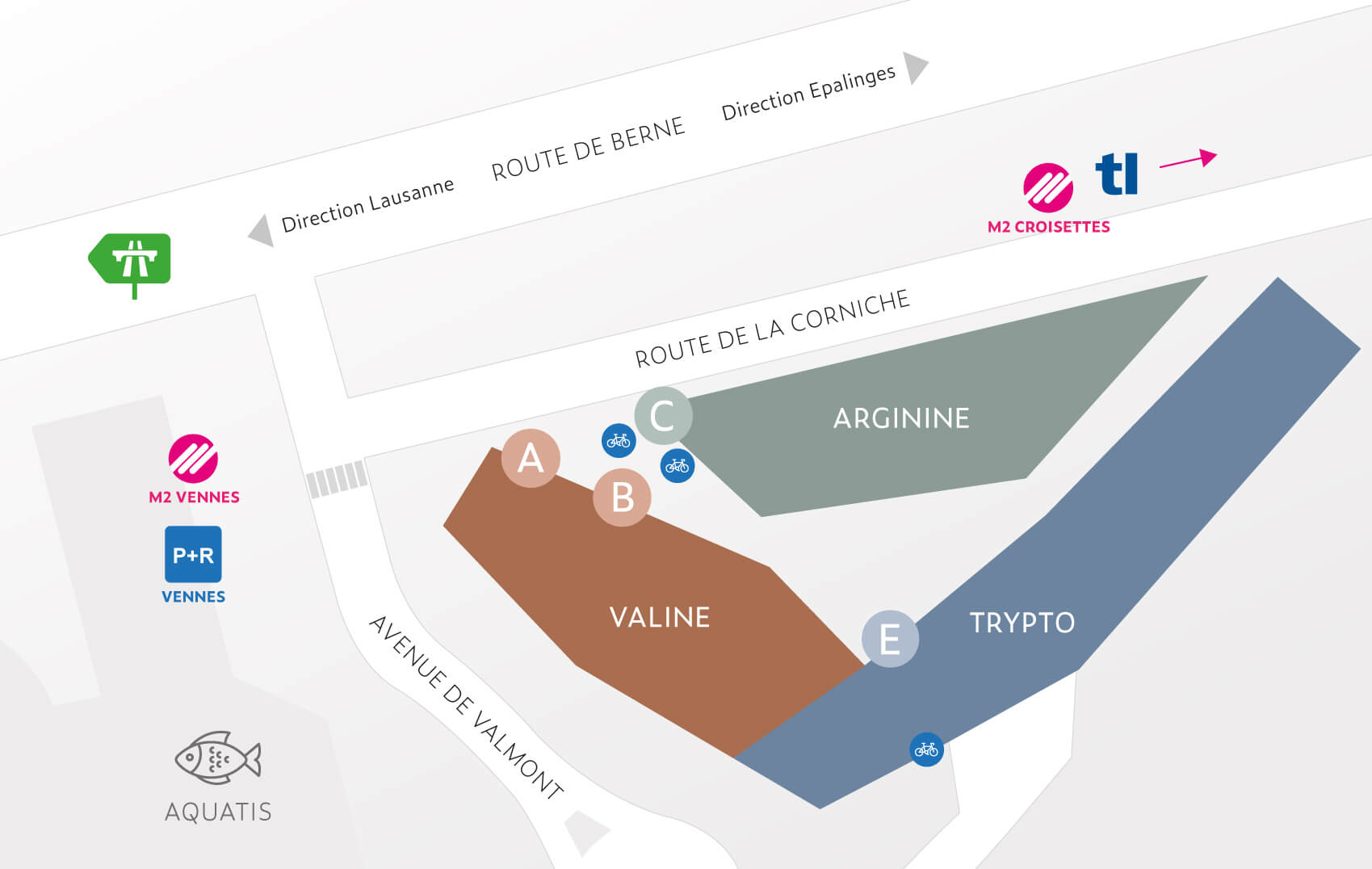 Plan des entrées d'Unisanté - Biopôle avec les bâtiments Valine, Trypto et Arginine
