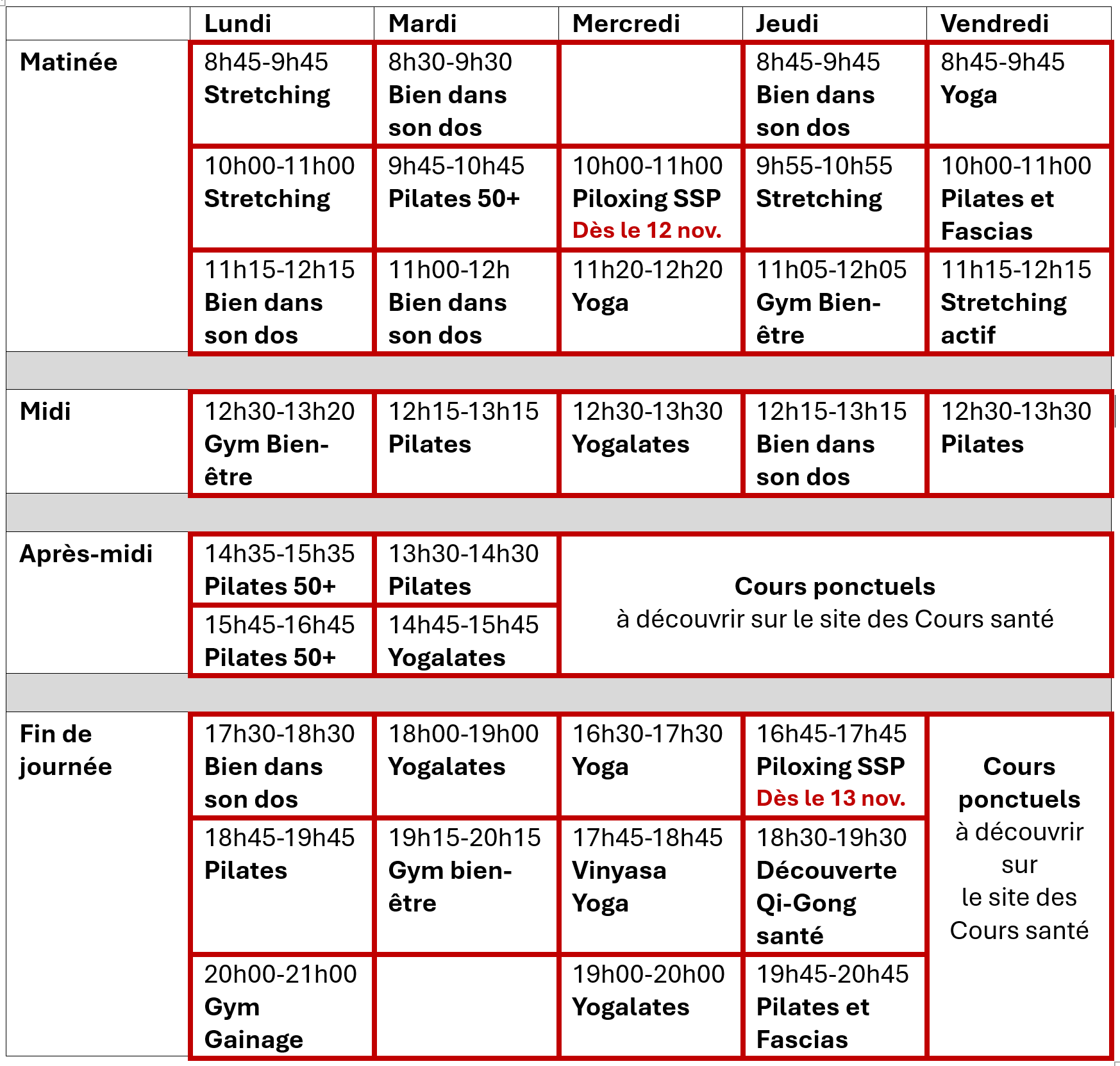 planning cours santé 06.10.25