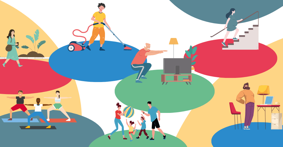illustrations de parent, senior, enfant, adultes qui font de l'activité physique