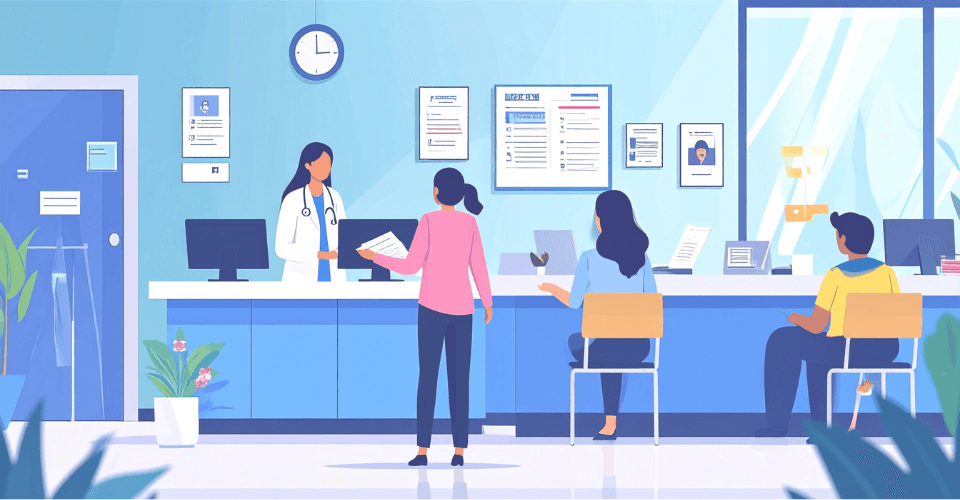 illustration d'un desk d'accueil d'un cabinet médical avec des patients de dos